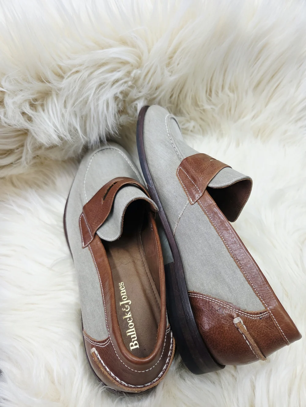 Mens Luxury Bullocks & Jones Gray Canvas & Brown Leather Penny Dress Shoes